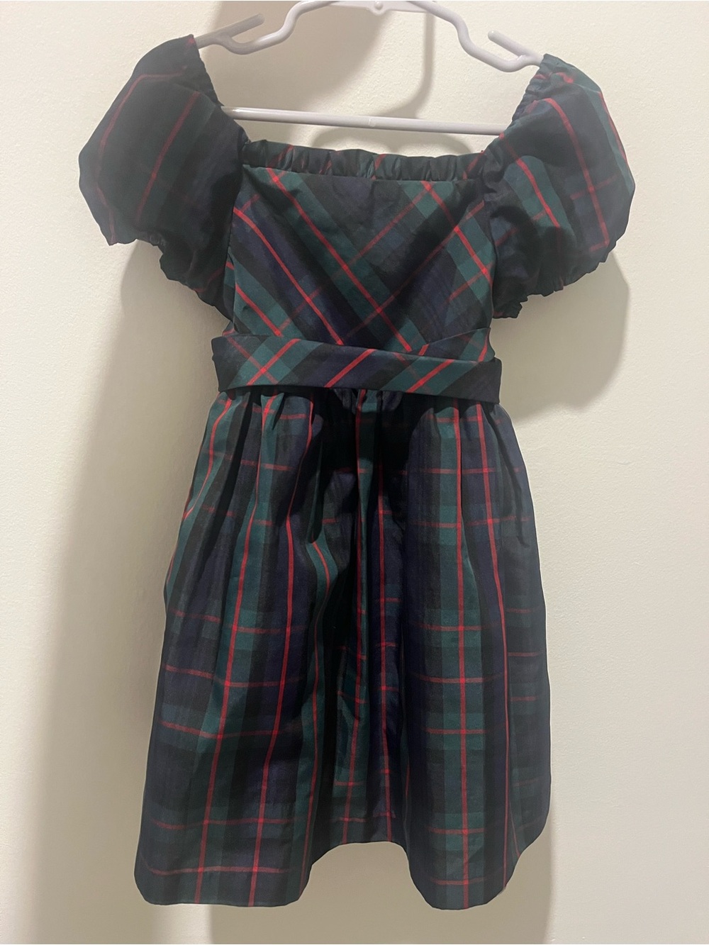 American Living Girls' Plaid Puff-Sleeve Dress in Green & Red
